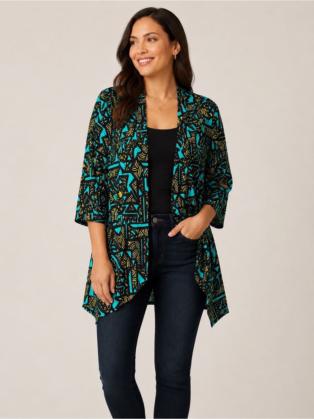 LuLaRoe Women’s M Kimono Cardigan Black Teal Yellow Geometric Open Front